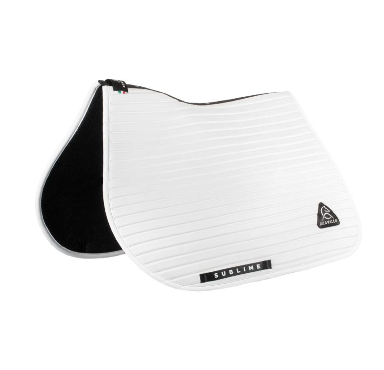 Acavallo Stripe suede jumping saddle pad White. In thermoformed Louvre and bamboo fibers